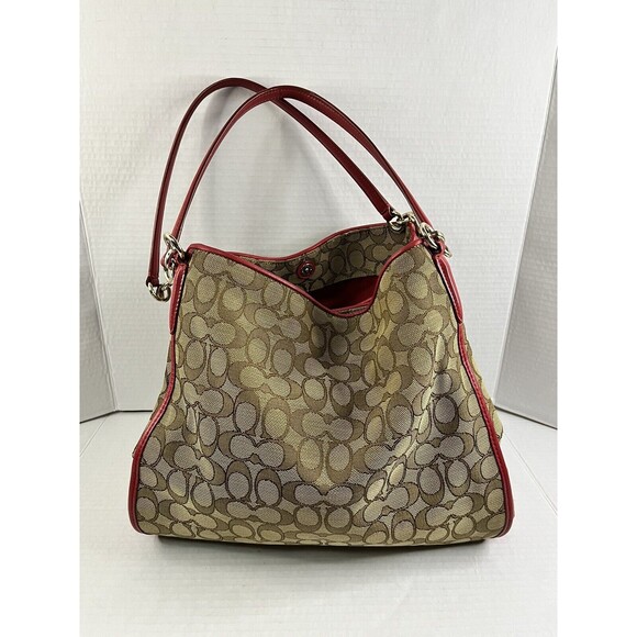 Coach Phoebe Signature Outline Shoulder Bag/Purse Khaki/Red - Picture 1 of 16